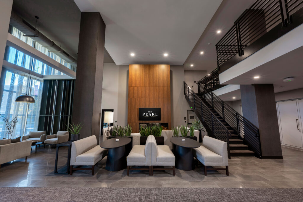 Pearl lobby with modern seating and natural light in downtown Fort Wayne
