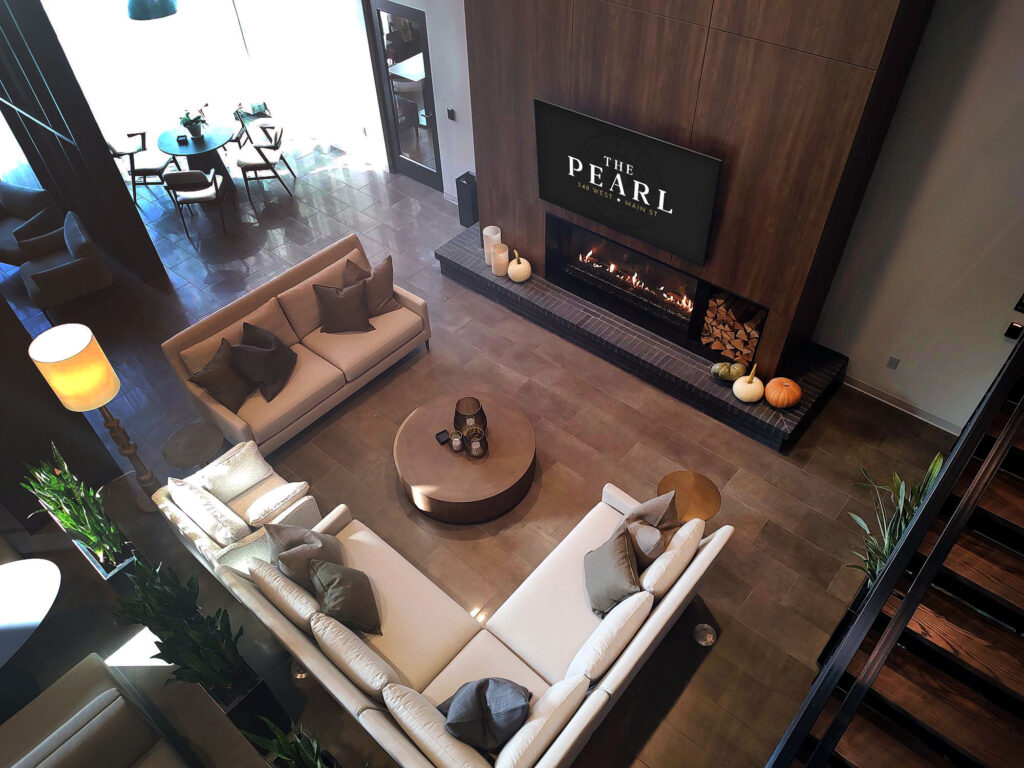 Lobby lounge at The Pearl for residents and guests in Fort Wayne