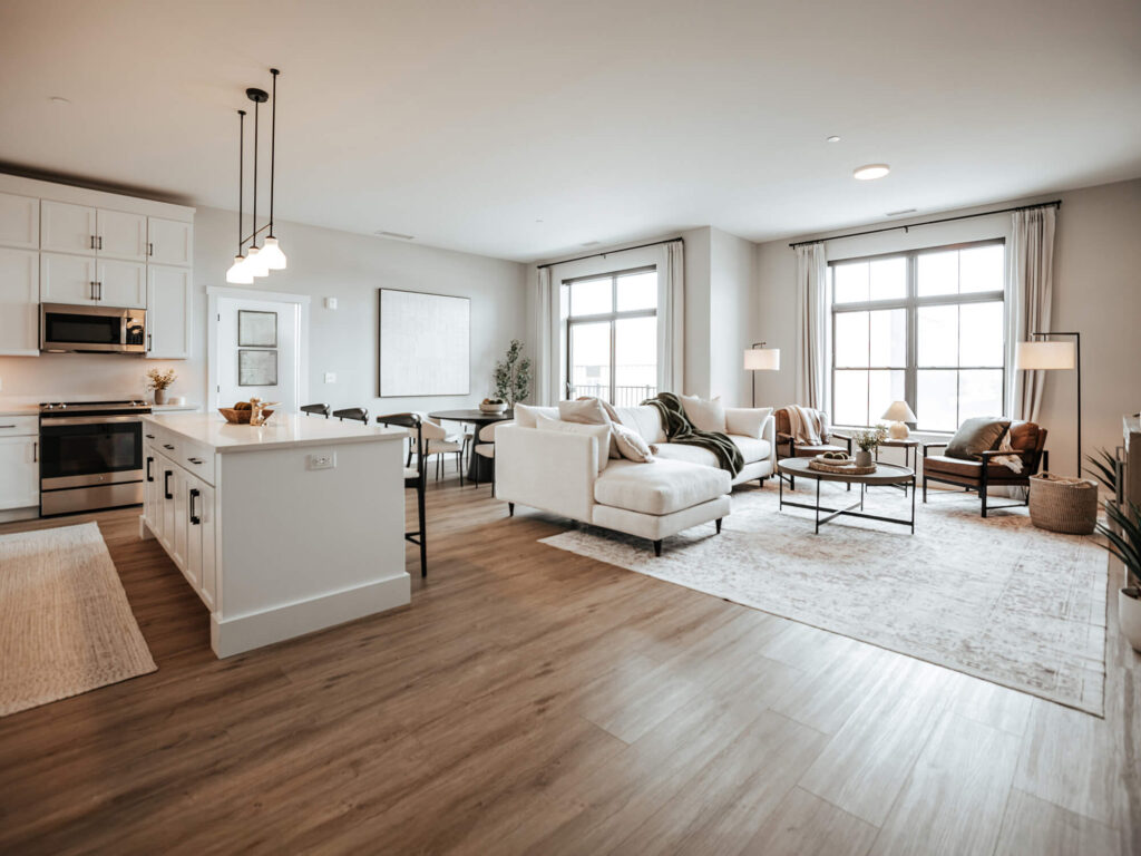 Bright corner living space in a Pearl apartment with city views in downtown Fort Wayne