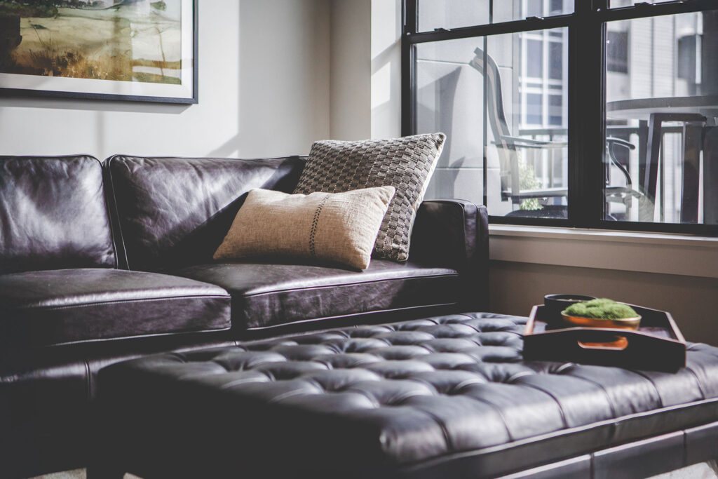 Bright corner living space in a Pearl apartment with city views in downtown Fort Wayne