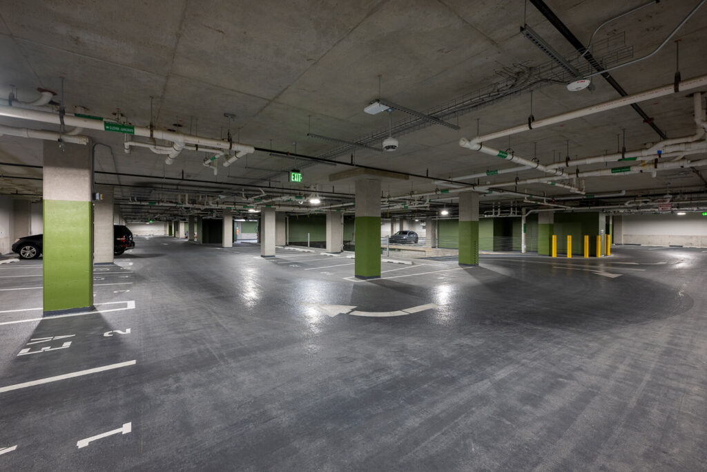 ecure resident parking garage at The Pearl apartments in Fort Wayne